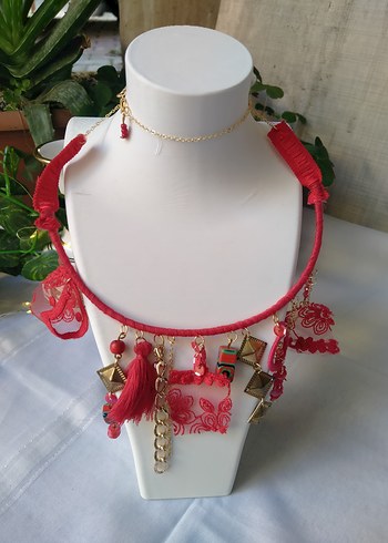 Kırmızı Nakışlı Tasarım Bohem Kolye - Görsel 4
