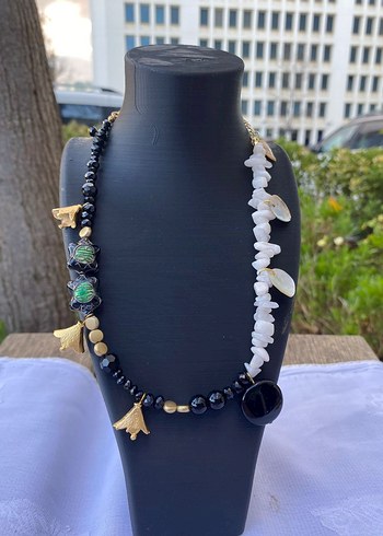 Doğal Taş El Emeği Kadın Siyah Beyaz Kolye - Görsel 2