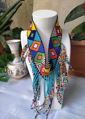 El Emeği Renkli Boncuklu Uzun Afrika Kolye - Görsel 3