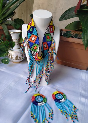 El Emeği Renkli Boncuklu Uzun Afrika Kolye - Görsel 7