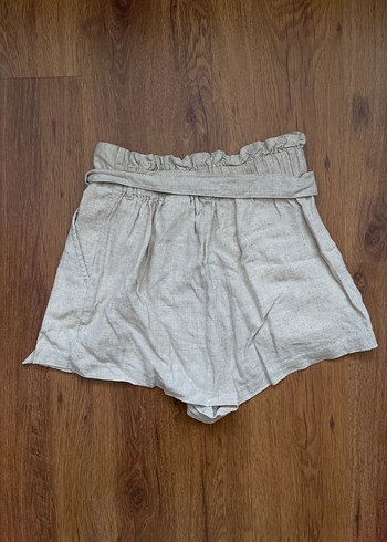 H&M Kadın Bej Keten Yüksek Bel Kemerli Şort