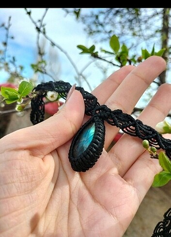 Tasarımcı Makrome choker kolye labradorit, akik, ametist 