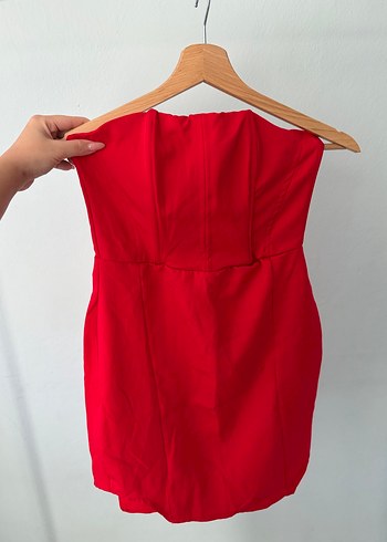 Kırmızı Straplez Mini Elbise - Görsel 2