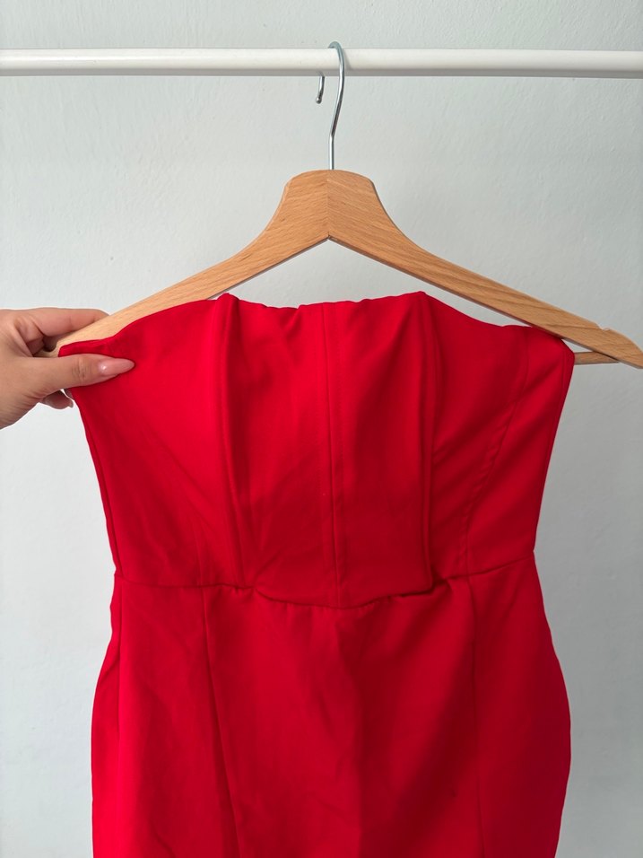 Kırmızı Straplez Mini Elbise - Görsel 3