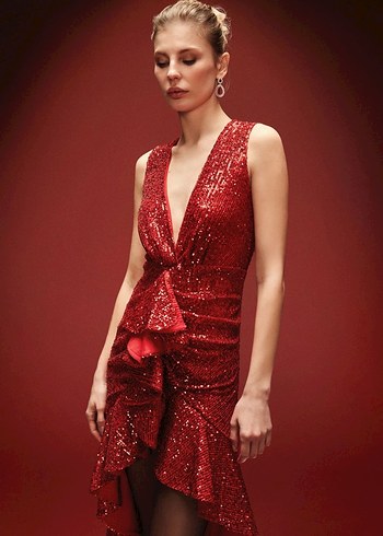 Kırmızı Parlak Drapeli Uzun Abiye Elbise - Görsel 2