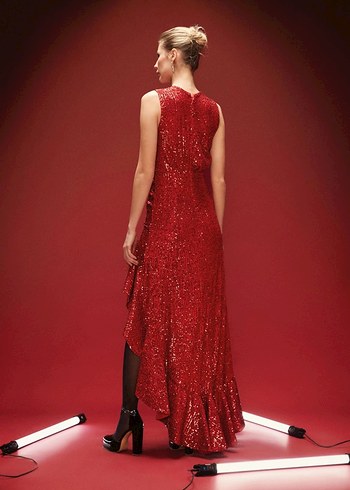 Kırmızı Parlak Drapeli Uzun Abiye Elbise - Görsel 3