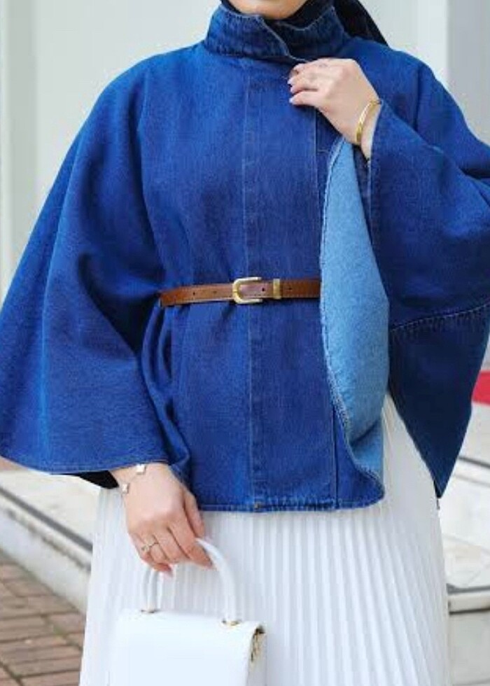 Deri kemerli ceket panço - Görsel 3