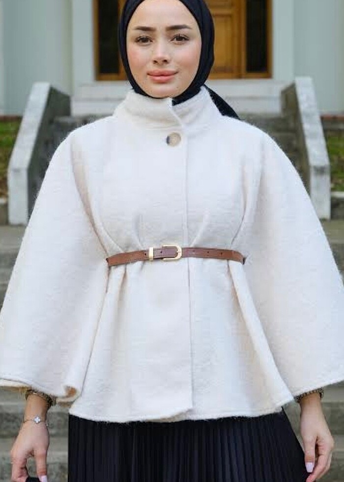 Deri kemerli ceket panço - Görsel 4