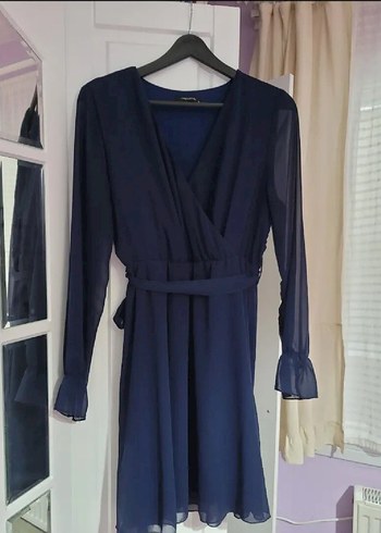 Lacivert V Yaka Mini Elbise - Görsel 2