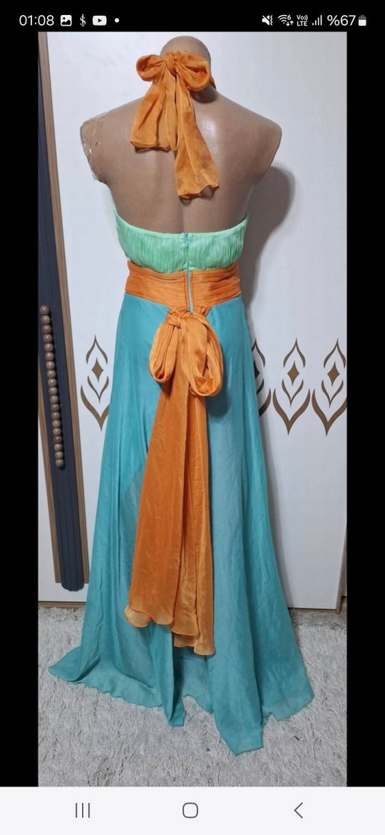 Turkuaz Drapeli Uzun Straplez Bohem Elbise - Görsel 3