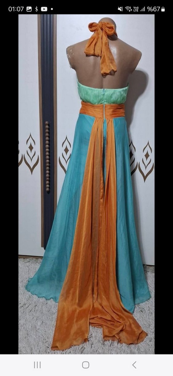 Turkuaz Drapeli Uzun Straplez Bohem Elbise - Görsel 2