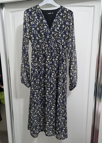 Uzun Kollu Mavi Çiçekli Bohem Elbise - Görsel 2