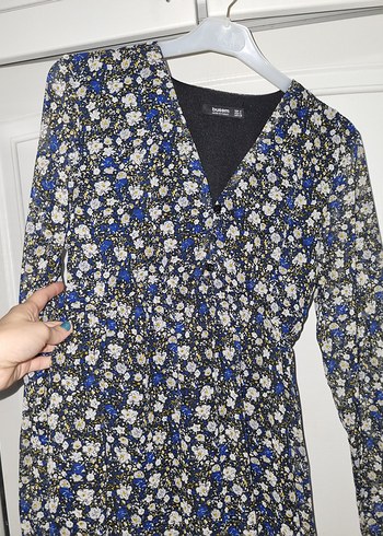 Uzun Kollu Mavi Çiçekli Bohem Elbise - Görsel 6