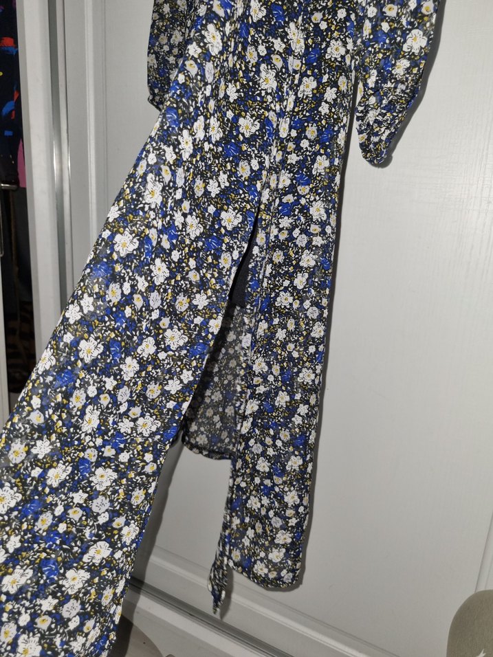 Uzun Kollu Mavi Çiçekli Bohem Elbise - Görsel 5