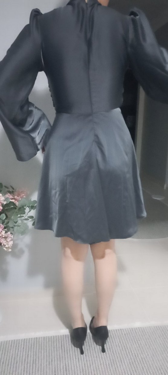 Gri Midi Uzun Kollu Gevşek Kesim Kadın mini abiye - Görsel 4