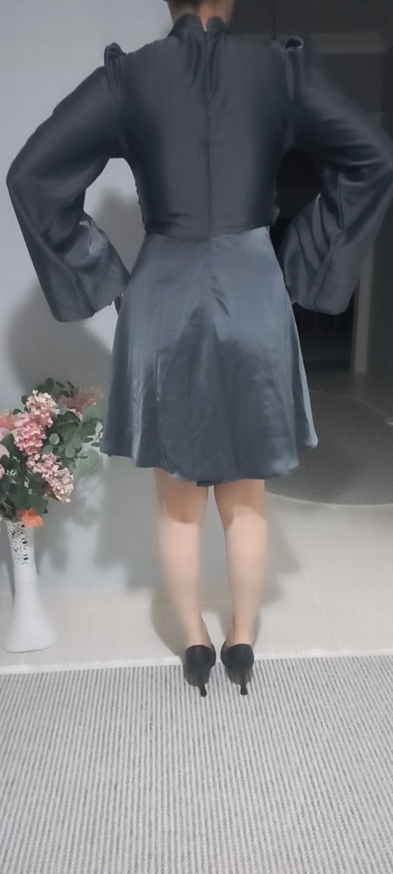 Gri Midi Uzun Kollu Gevşek Kesim Kadın mini abiye - Görsel 3