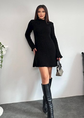 Siyah Yüksek Yakalı Kadın Triko Elbise - Görsel 3