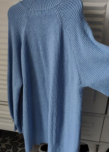Mavi Yüksek Yakalı Örgü Kadın Kazak - Görsel 3