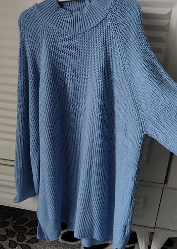 Mavi Yüksek Yakalı Örgü Kadın Kazak - Görsel 2