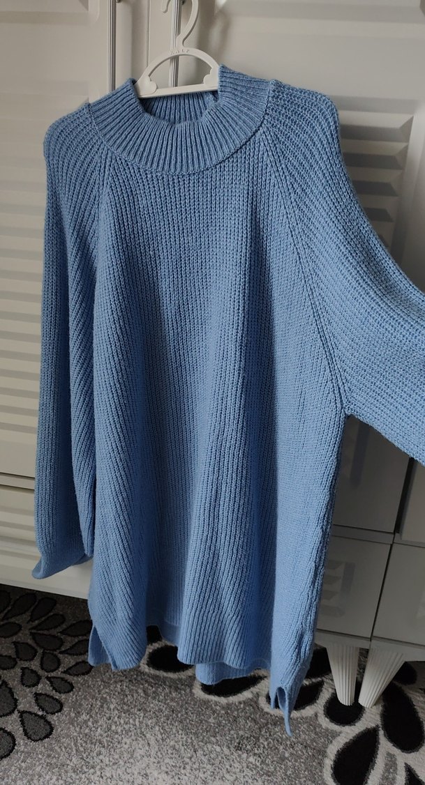 Mavi Yüksek Yakalı Örgü Kadın Kazak - Görsel 2