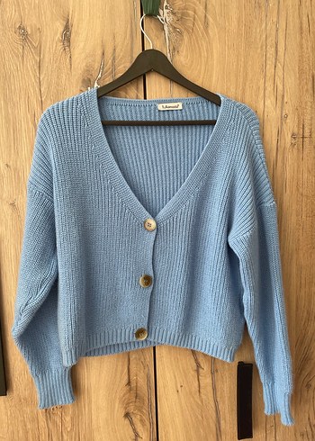 Düğmeli V Yakalı Mavi Triko Kadın Hırka - Görsel 2