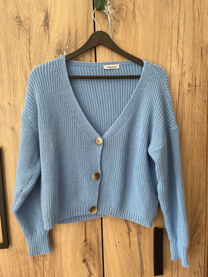 Düğmeli V Yakalı Mavi Triko Kadın Hırka - Görsel 2