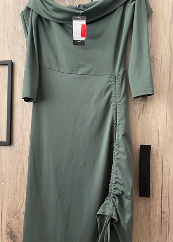 Drapeli Uzun Haki Kadın Elbise - Görsel 4