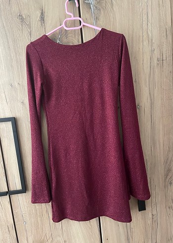 Bordo Parlak Uzun Kollu Mini Elbise - Görsel 3