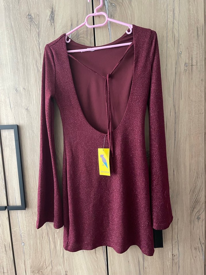 Bordo Parlak Uzun Kollu Mini Elbise - Görsel 4