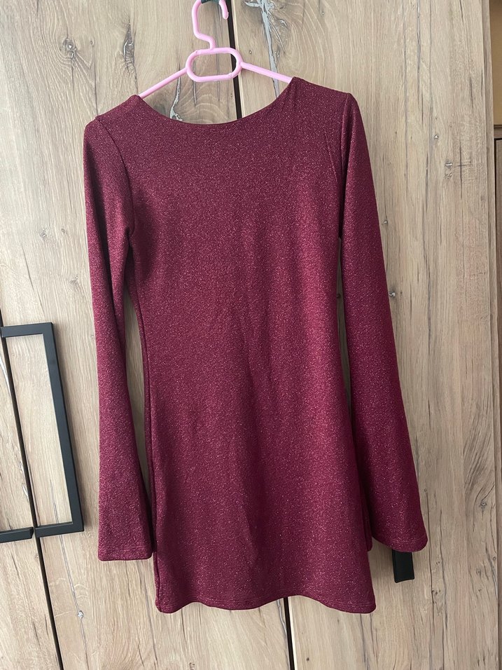 Bordo Parlak Uzun Kollu Mini Elbise - Görsel 3