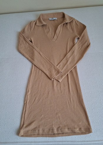 Bej Uzun Kollu Kadın Keten Elbise - Görsel 2