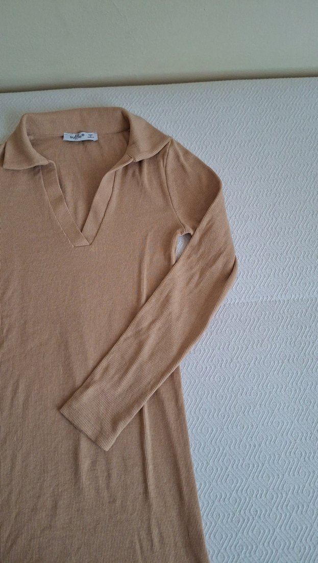 Bej Uzun Kollu Kadın Keten Elbise - Görsel 5