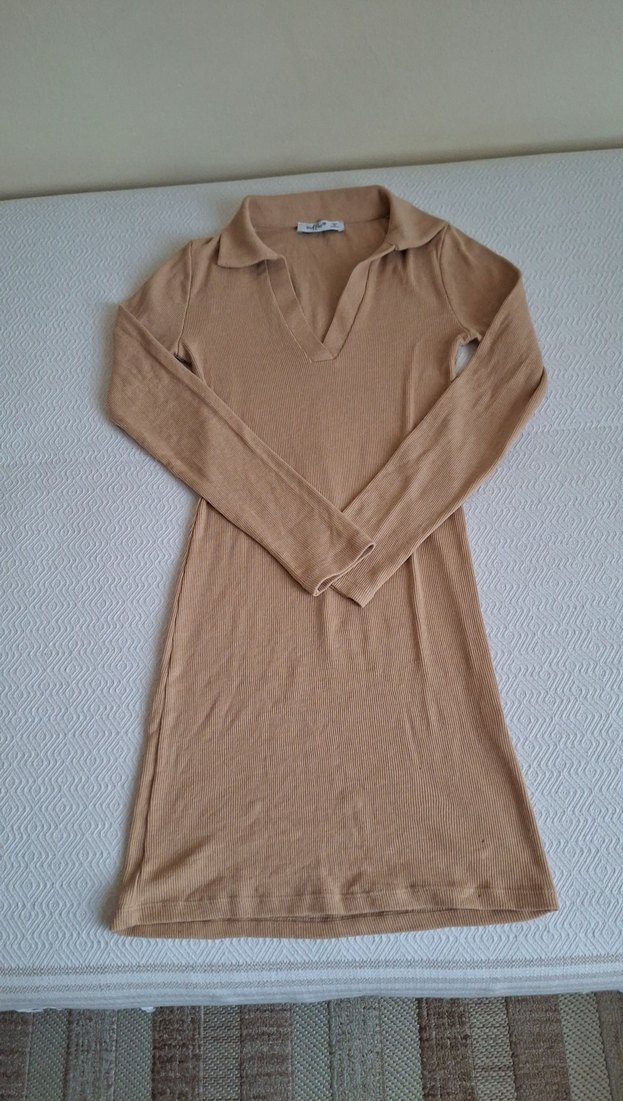 Bej Uzun Kollu Kadın Keten Elbise - Görsel 2