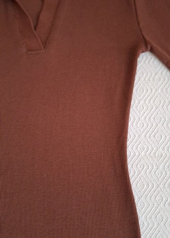 Kahverengi Uzun Kollu Yüksek Yakalı Triko Elbise - Görsel 4