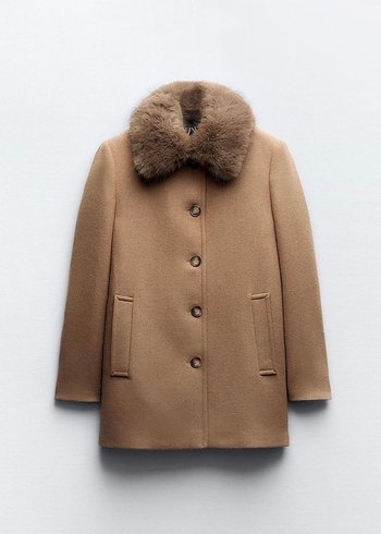 Kürk Detaylı Bej Kadın Yün Kaban - Görsel 3