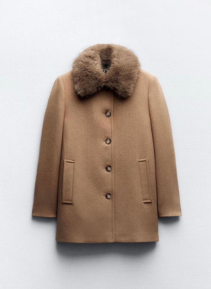 Kürk Detaylı Bej Kadın Yün Kaban - Görsel 3