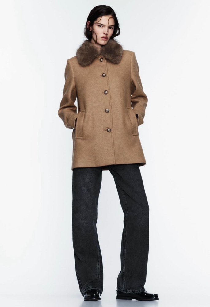 Kürk Detaylı Bej Kadın Yün Kaban - Görsel 2