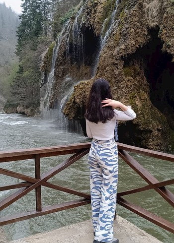 xs Beden Gri Mavi Zebra Desenli Bol Kesim Kadın Denim Pantolon