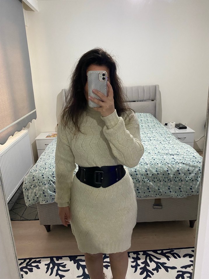 Krem Triko Boğazlı Midi Kadın Kazak - Görsel 2