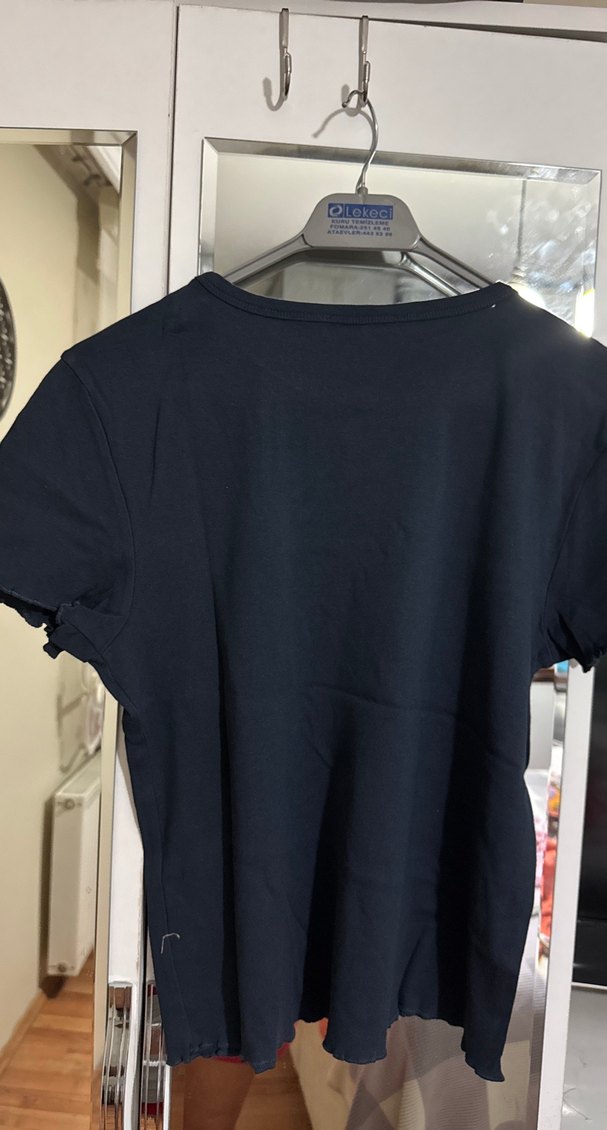 Lacivert Baskılı Yuvarlak Yaka Kadın Tişört - Görsel 4