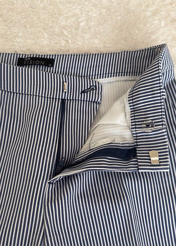 Mavi Çizgili Pilili Kumaş Pantolon - Görsel 3