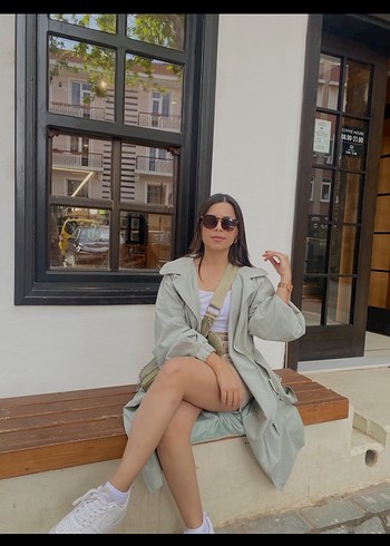 Mint yeşili bel bağlamalı trençkot - Görsel 5