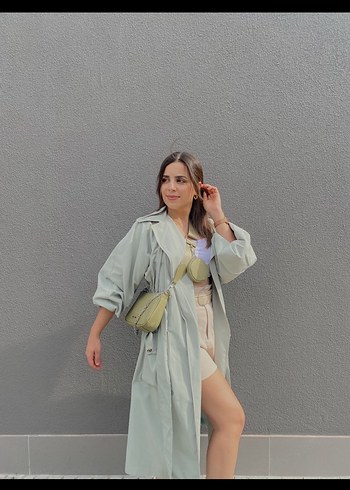 Mint yeşili bel bağlamalı trençkot - Görsel 4