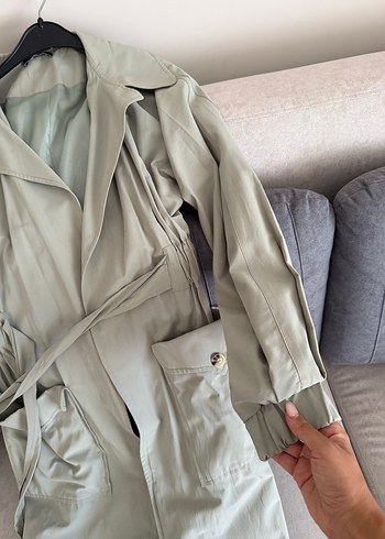 Mint yeşili bel bağlamalı trençkot - Görsel 2