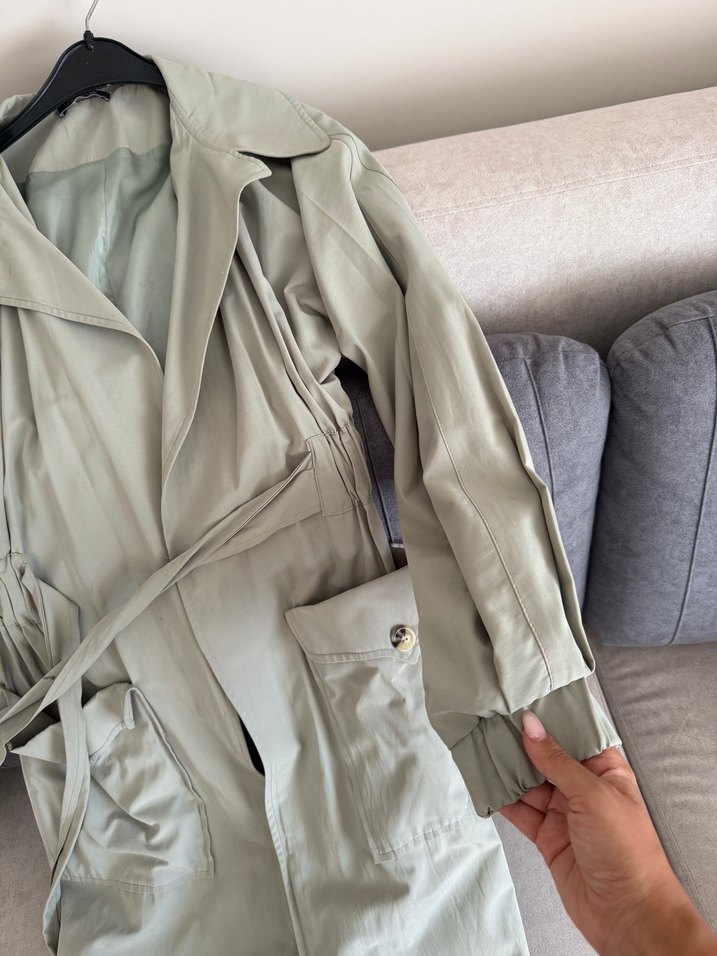 Mint yeşili bel bağlamalı trençkot - Görsel 2