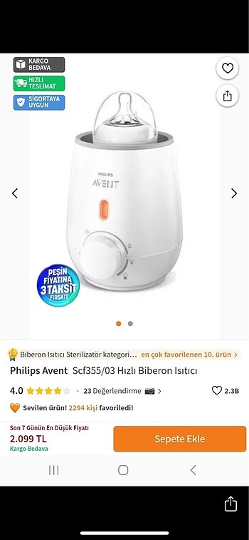 Avent biberon ısıtıcı