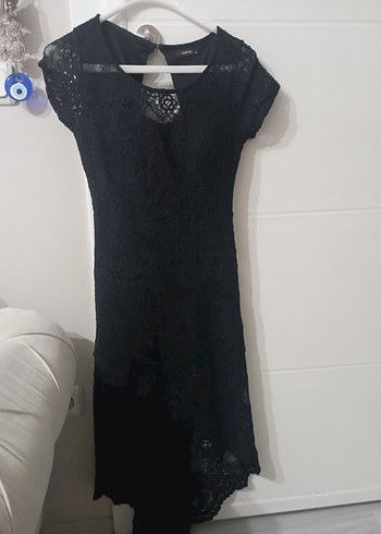 Dantel Detaylı Uzun Siyah Straplez Elbise - Görsel 2