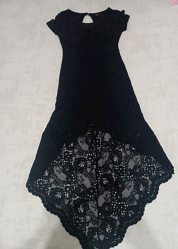 Dantel Detaylı Uzun Siyah Straplez Elbise - Görsel 8