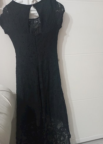 Dantel Detaylı Uzun Siyah Straplez Elbise - Görsel 5