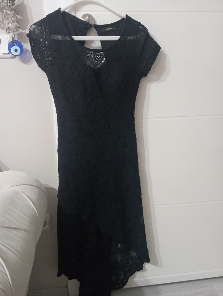 Dantel Detaylı Uzun Siyah Straplez Elbise - Görsel 2